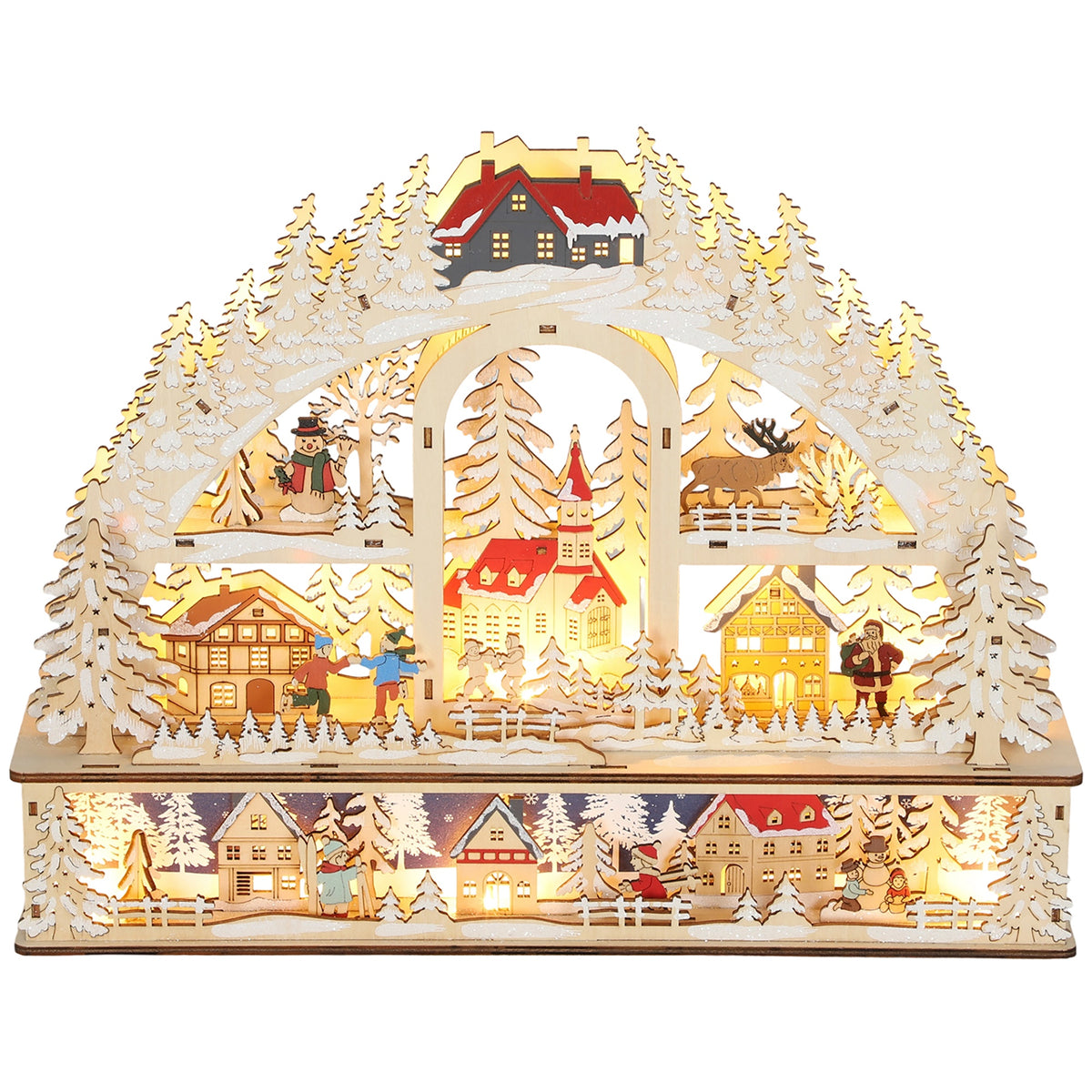 Village de Noël lumineux avec 20 LED, village de Noël animé en arc, fonctionne sur piles, 45 x 10 x 35 cm, bois naturel-0