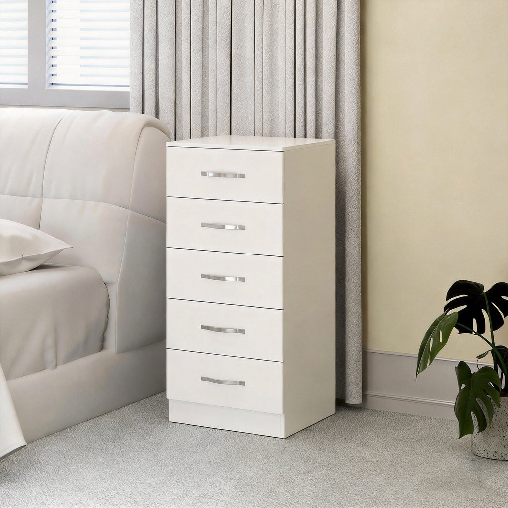 Commode 5 tiroirs, meuble de rangement étroit, style moderne, pour chambre à coucher, salon, couloir, 40x35x85cm, blanc-1