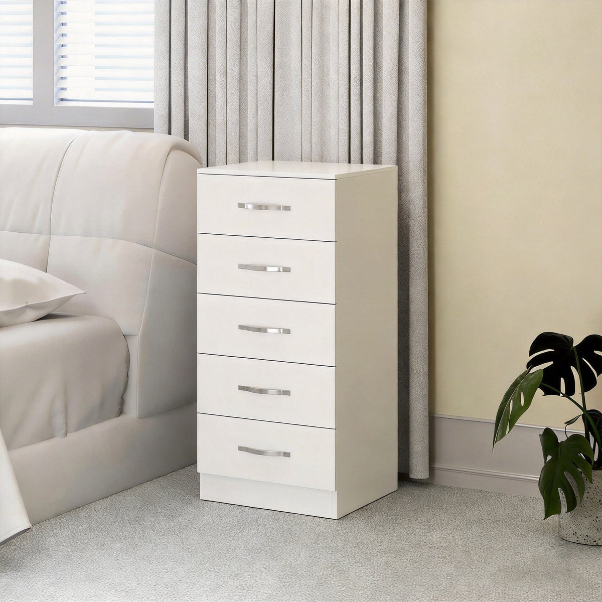 Commode 5 tiroirs, meuble de rangement étroit, style moderne, pour chambre à coucher, salon, couloir, 40x35x85cm, blanc-1