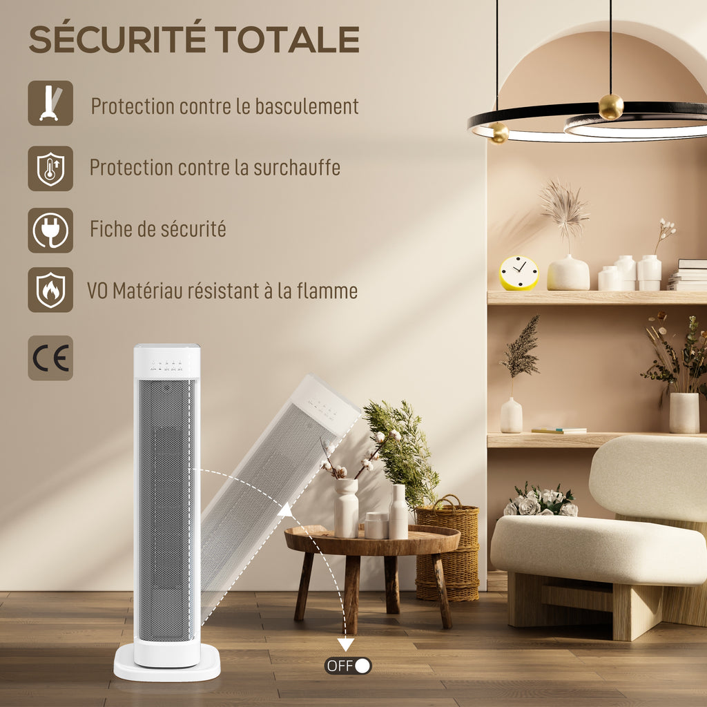 Chauffage d'appoint céramique PTC, radiateur électrique 2000 W avec thermostat réglable, minuterie, 21x19,7x61cm, blanc-6
