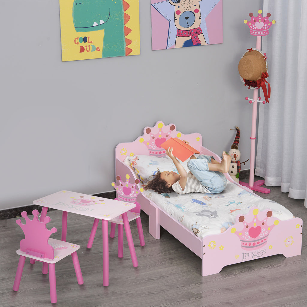 Lit Enfant et Ensemble table et chaises enfant - Design Princesse Motif Couronne - sommier à Lattes Inclus - Rose-1