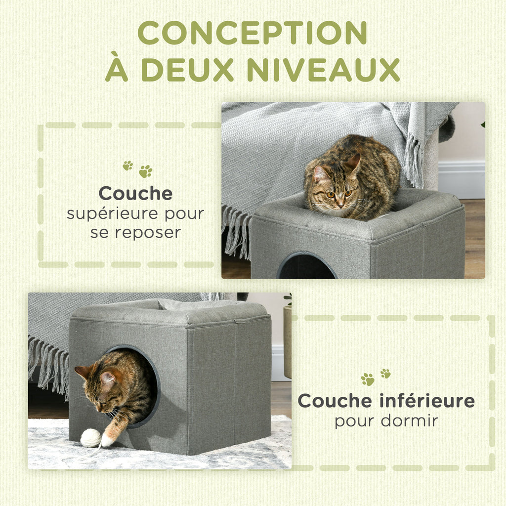 Maison niche pour chat 2 niveaux avec coussin moelleux en peluche - 36,5 x 36,5 x 33 cm gris-3