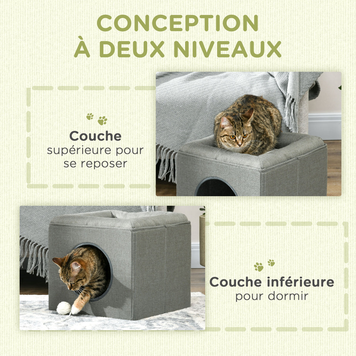 Maison niche pour chat 2 niveaux avec coussin moelleux en peluche - 36,5 x 36,5 x 33 cm gris-3
