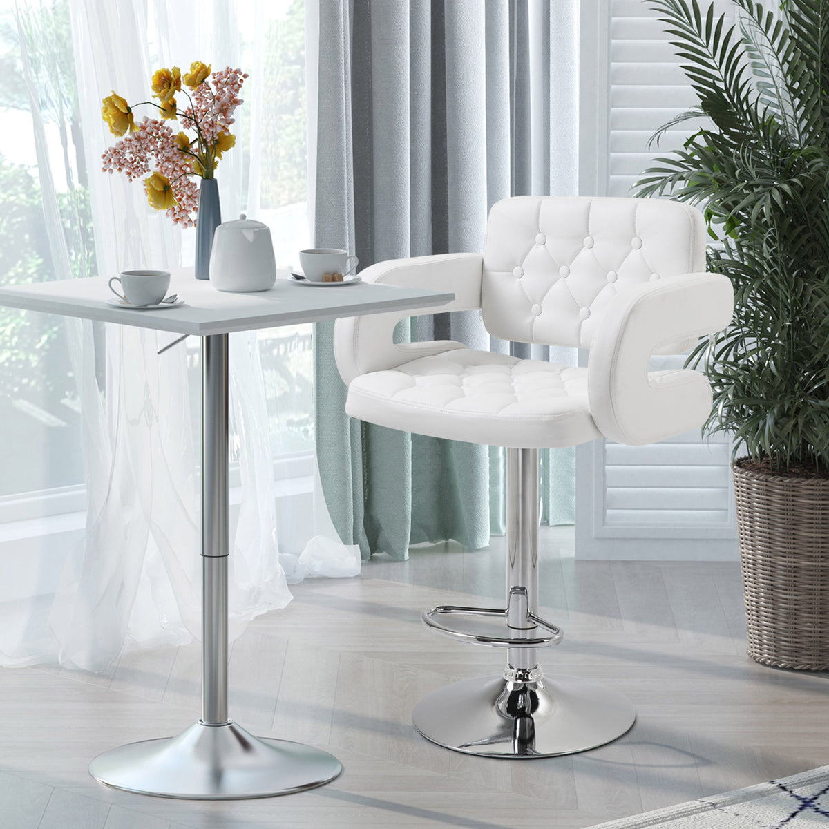 Tabouret de bar pivotant chaise de bar réglable en hauteur avec dossier repose-pieds et accoudoirs 61x50x93-113cm blanc-1