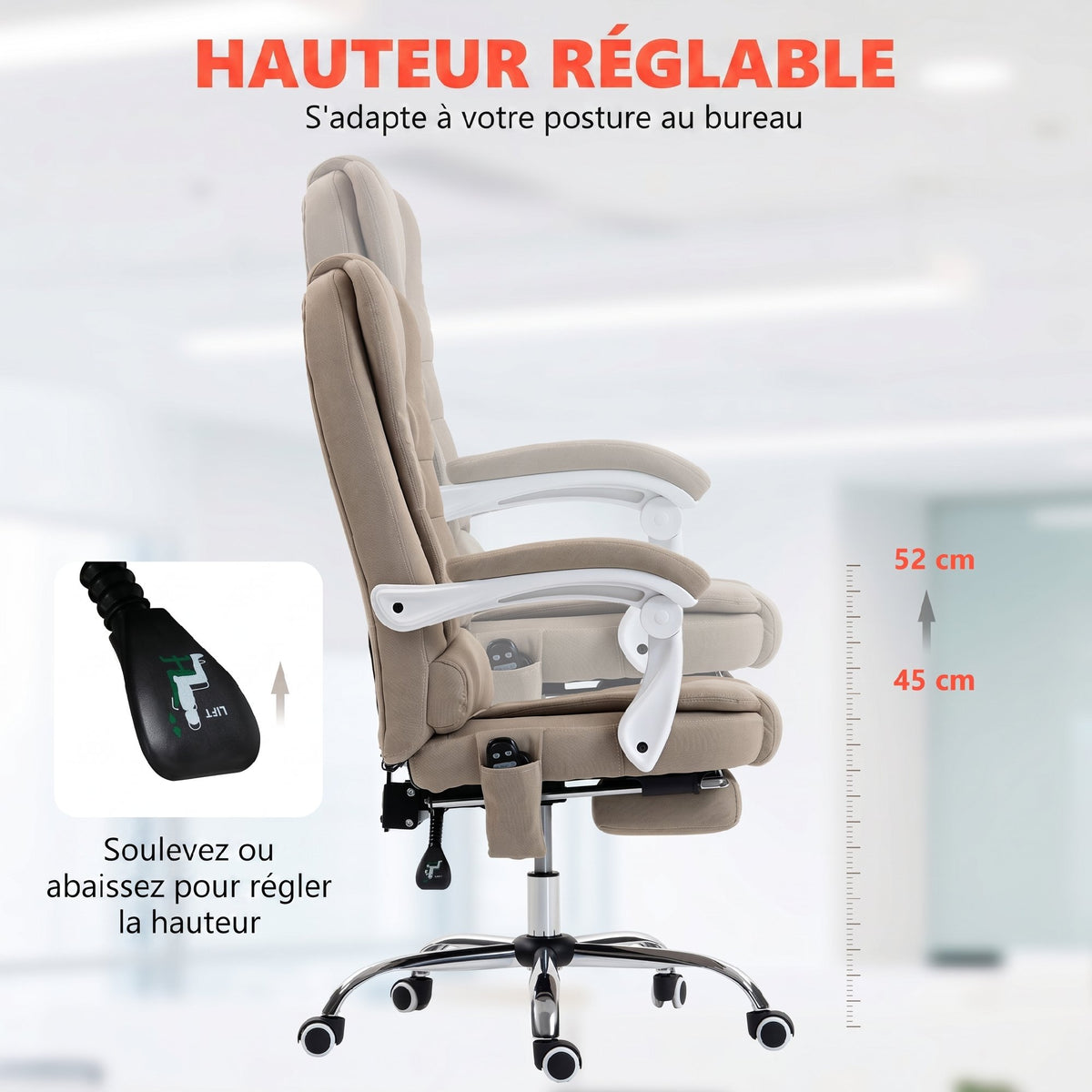 Fauteuil de bureau direction massant chauffant hauteur réglable dossier inclinable toile de lin beige-5