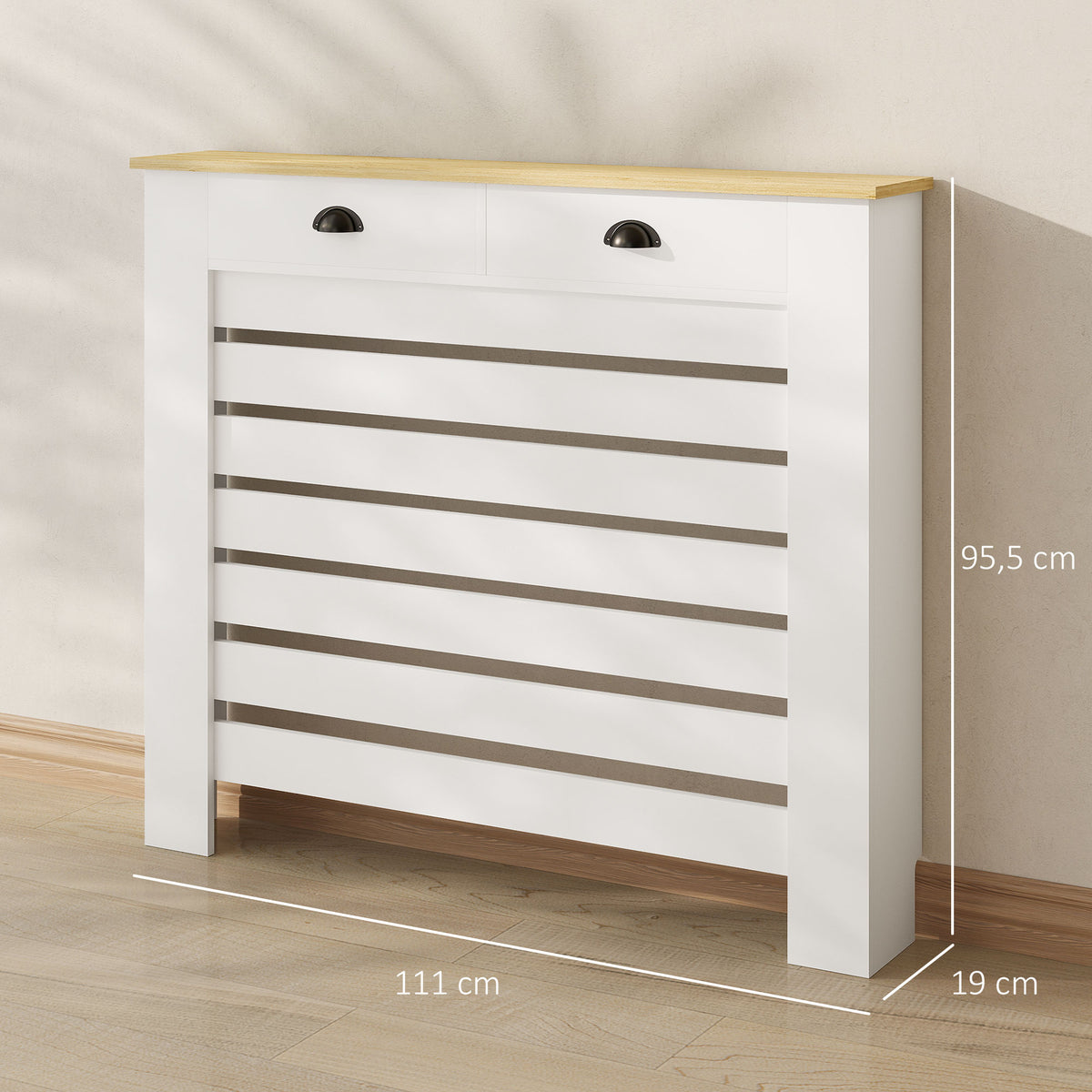 Couvercle de radiateur cache radiateur grille à lattes horizontales avec 2 tiroirs en bois 111l x 19P x 95,5H cm blanc-2