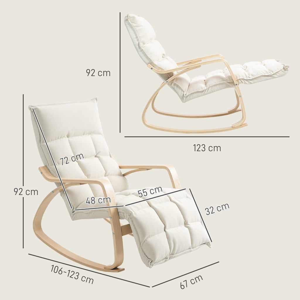 Fauteuil à bascule avec repose-pieds ajustable, rocking chair avec pieds en bois de bouleau, 67 x 106-123 x 92 cm, crème-2