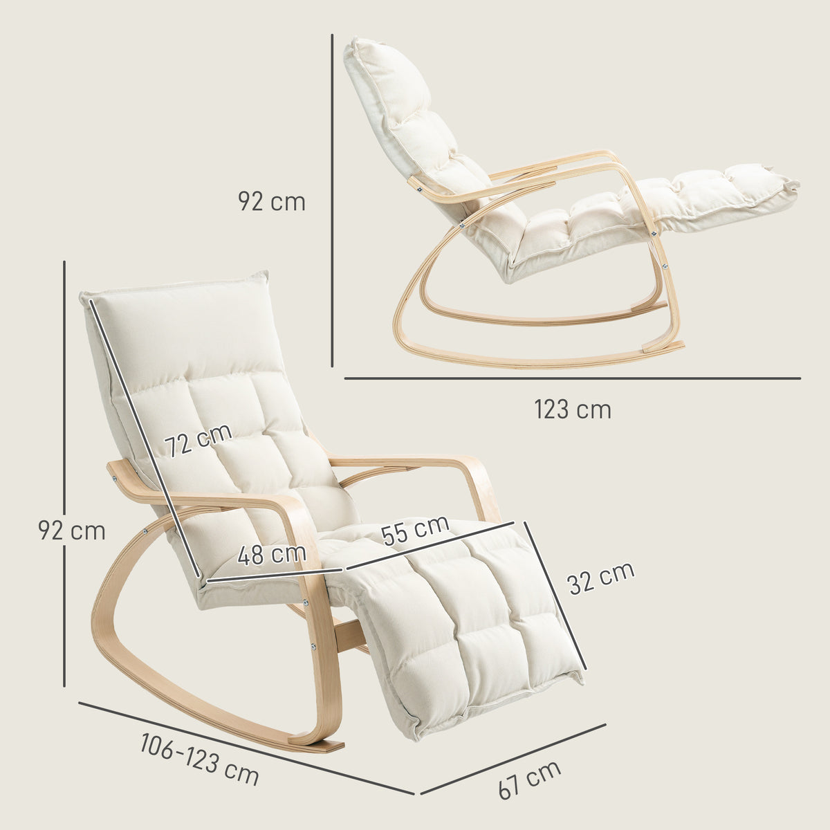 Fauteuil à bascule avec repose-pieds ajustable, rocking chair avec pieds en bois de bouleau, 67 x 106-123 x 92 cm, crème-2