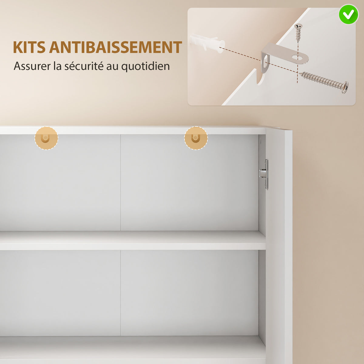 Buffet haut cuisine, armoire de cuisine, 4 portes à fermeture douce et étagères réglables, 68x34x180cm, blanc brillant-7