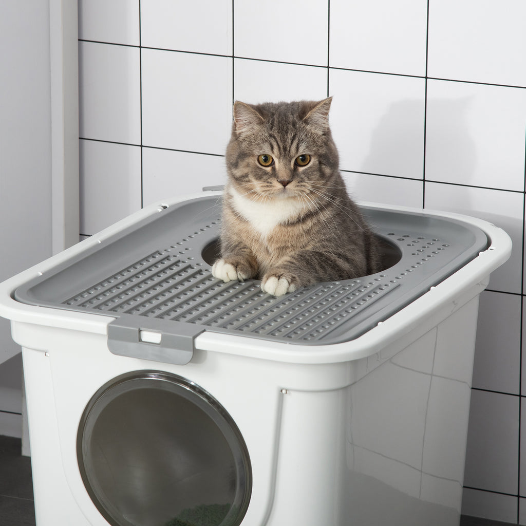 Maison de toilette Bac à litière pour chat double porte battante et supérieure, pelle fourni, 44L x 55l x 39H cm, blanc-7