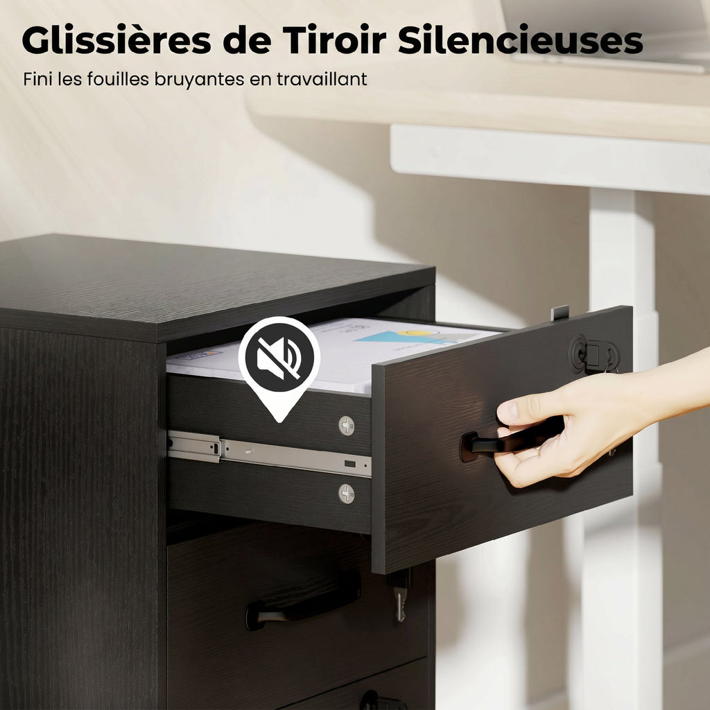 Caisson de Bureau Mobile avec 3 Tiroirs Verrouillables, Caisson de Rangement sur Roulettes, 40 x 40 x 69,5 cm, Noir-5