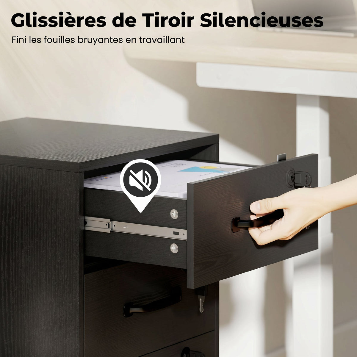 Caisson de Bureau Mobile avec 3 Tiroirs Verrouillables, Caisson de Rangement sur Roulettes, 40 x 40 x 69,5 cm, Noir-5