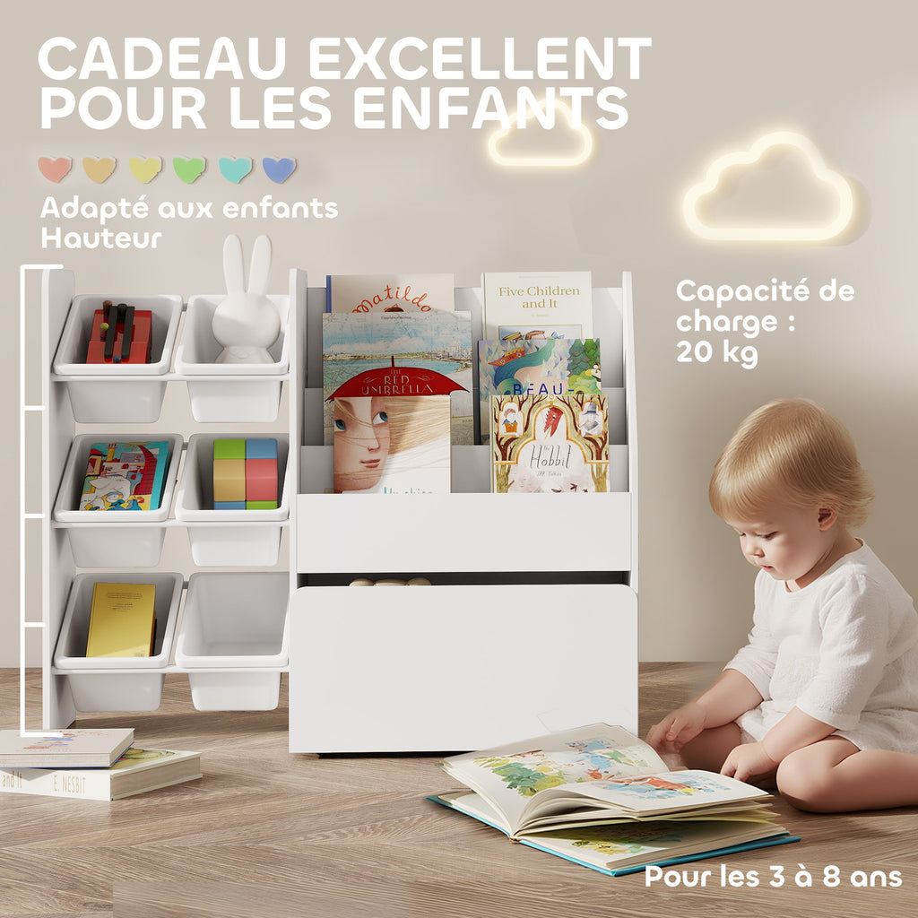 Meuble rangement enfant rangement jouet enfant 6 bacs amovibles et grand coffre à roulettes 100 x 30 x 80 cm blanc-7