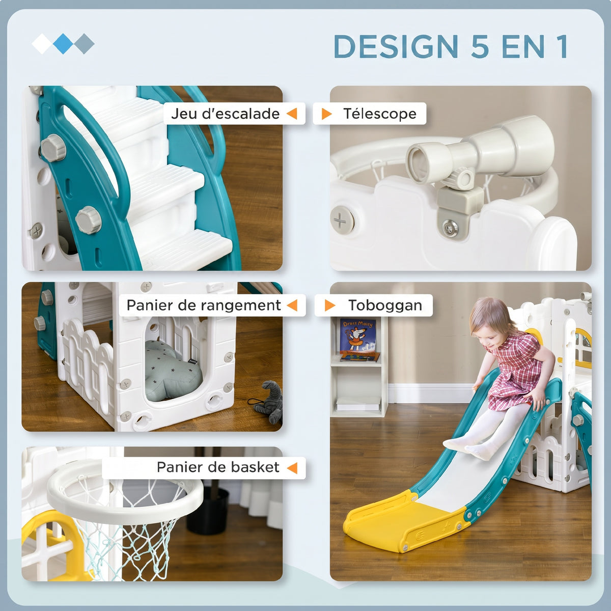 Toboggan pour enfants 5 en 1 avec panier de basket escalade télescope espace de rangement 70 x 177 x 92 cm jaune-3
