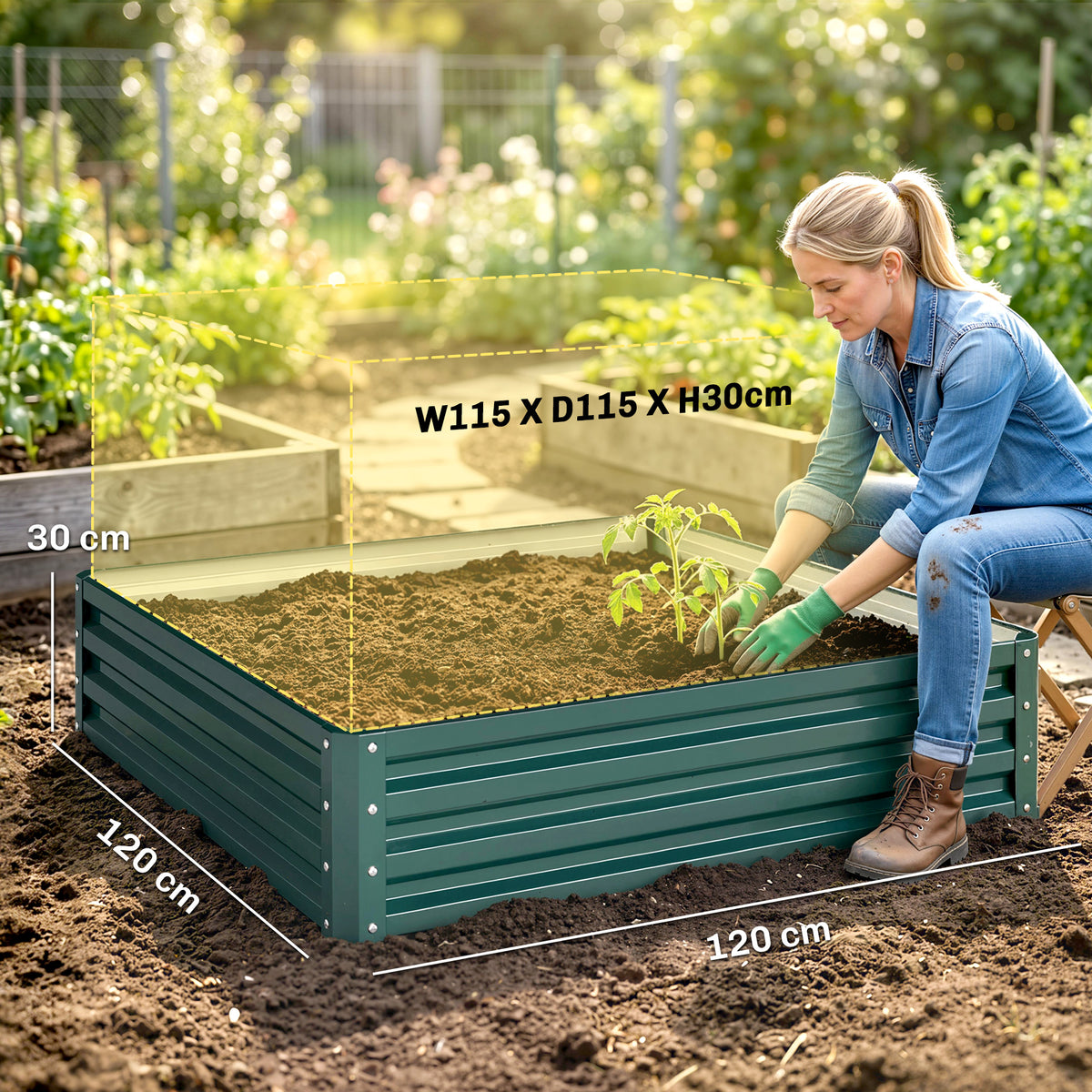 Carré potager de jardin tôle d'acier ondulée 120 x 120 x 30 cm vert foncé-2