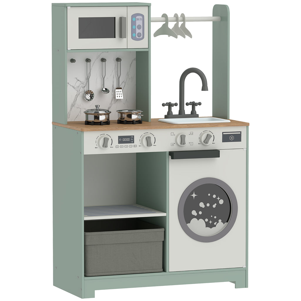 Cuisine enfant jouet d'imitation, dinette enfant avec cuisinière, évier, micro-ondes, 5 accessoires, vert-0