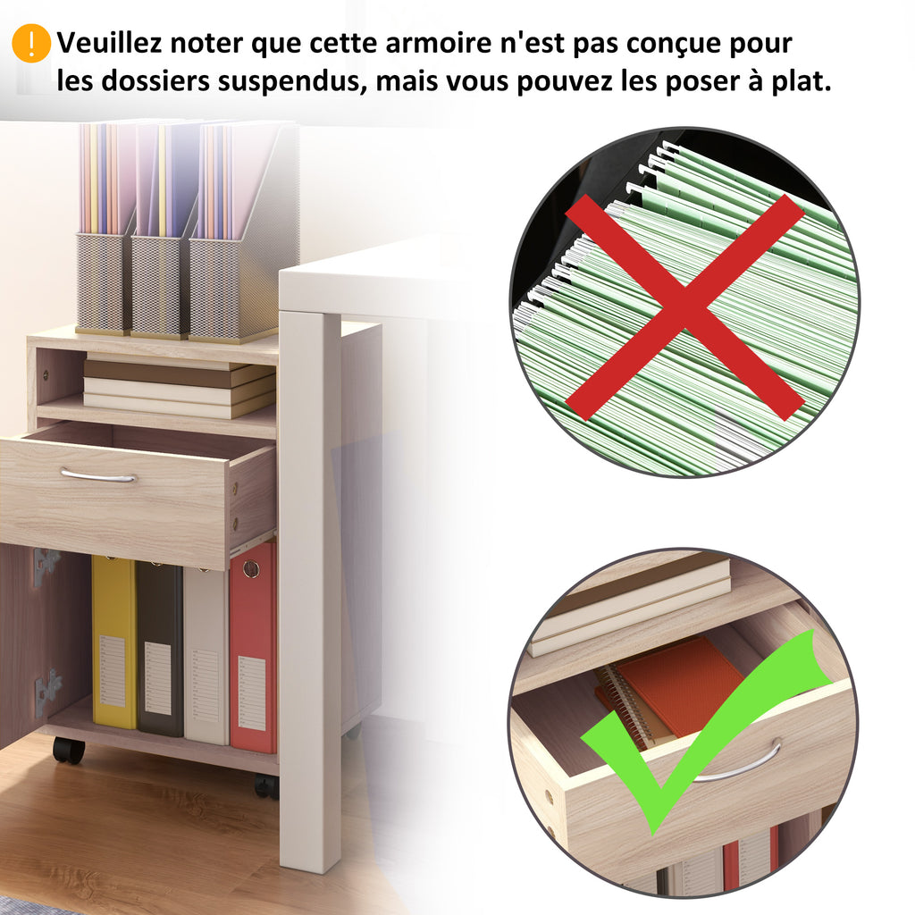 Caisson de bureau à roulettes avec tiroir placard et niche pour documents et dossier suspendu 40 x 35 x 60 cm chêne-6