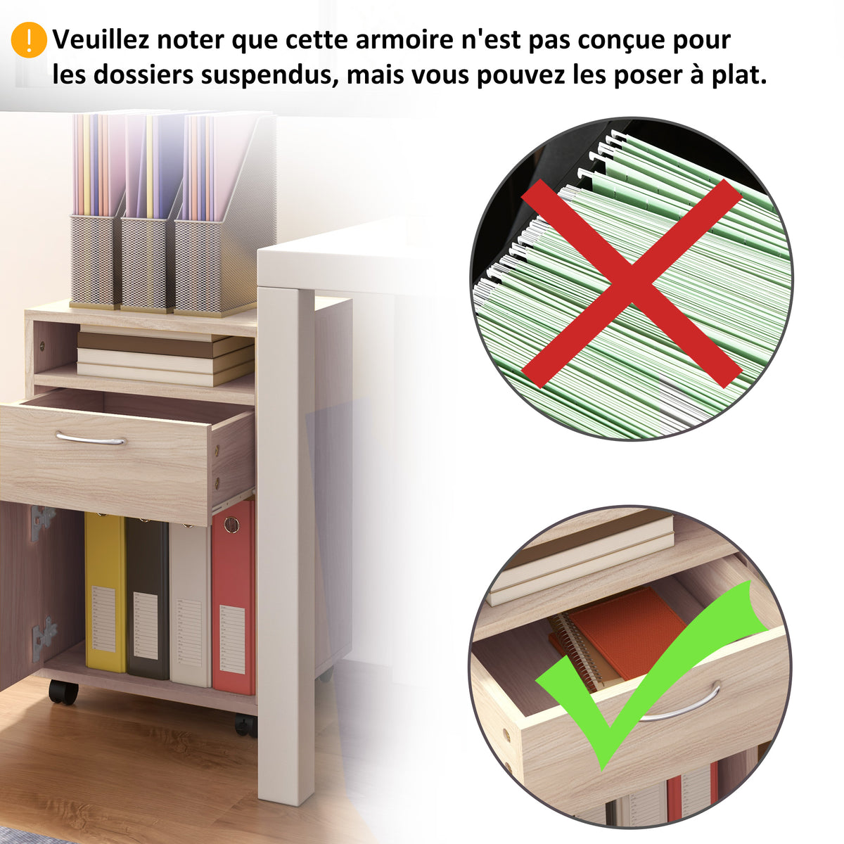 Caisson de bureau à roulettes avec tiroir placard et niche pour documents et dossier suspendu 40 x 35 x 60 cm chêne-6