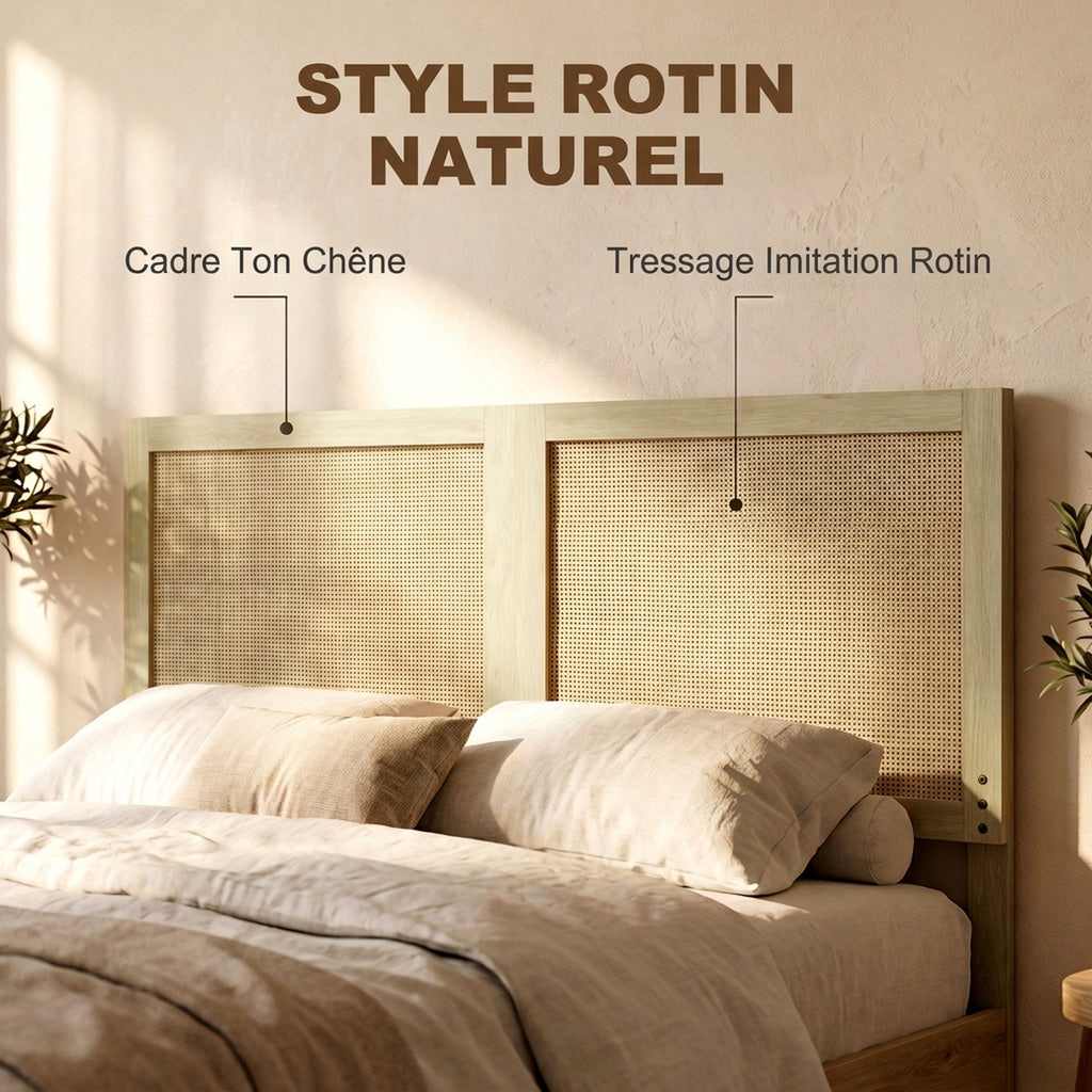 Tête de Lit en Bois à Effet Rotin, Design Bohème, pour Chambre à Coucher, 140 x 4 x 87 cm, Chêne-3