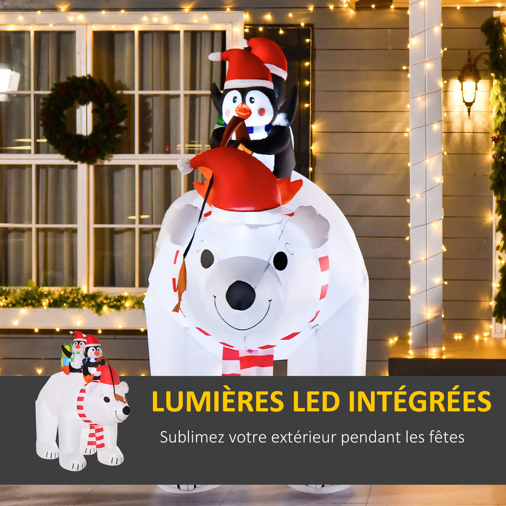 Ours Polaire Gonflable de Noël avec Lumières LED 206cm Décoration Gonflable de Noël Imperméable avec 2 Pingouins-3