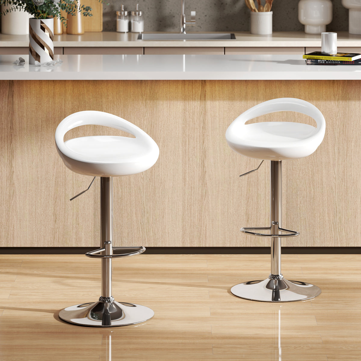 Lot de 2 tabourets de bar chaises de bar hauteur réglable dossier et repose-pieds pivotant à 360° 46x41x76-96cm blanc-1