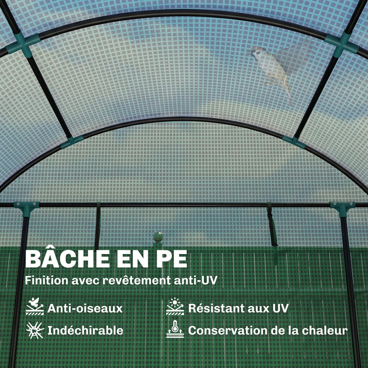 Serre de jardin serre tunnel de jardin 6m² PE Haute densité 135 g/m², avec 2 portes zippées 300 x 200 x 200 cm, vert-3