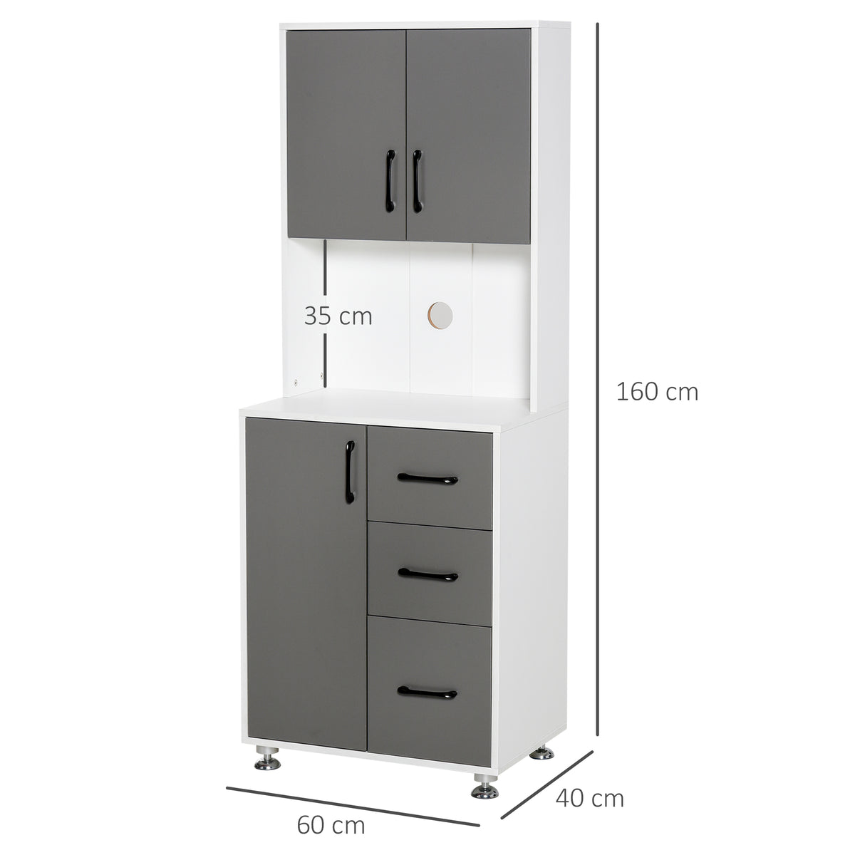Buffet haut cuisine, armoire de cuisine, vaisselier avec 3 portes, 3 tiroirs et plan de travail, meuble de rangement pour salon, salle à manger, style moderne, 60 x 40 x 160 cm, gris-2