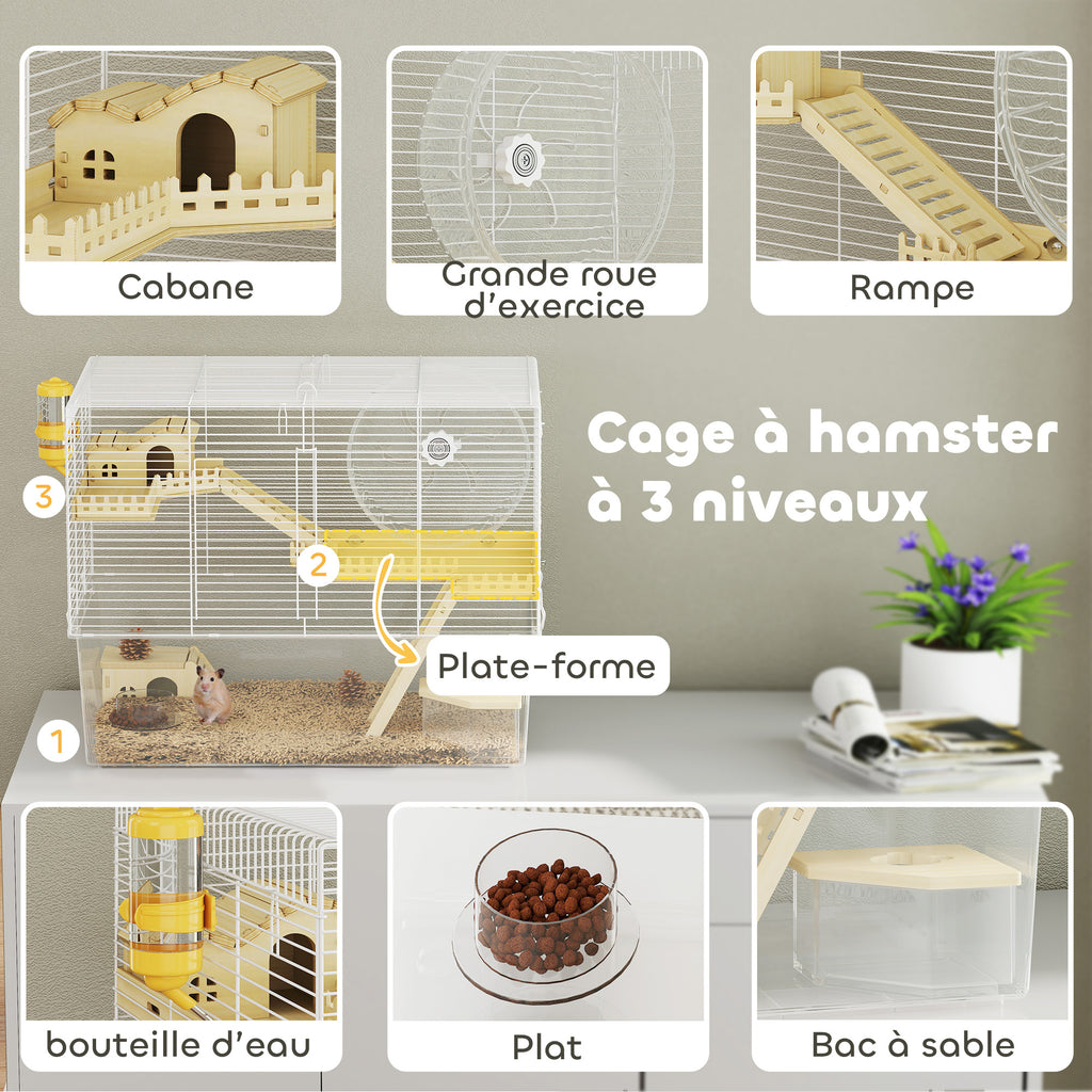 Cage à hamster à 3 niveaux, cage rongeur avec roue d'exercice, plateau profond transparent, 59 x 35,5 x 47 cm, blanc-5