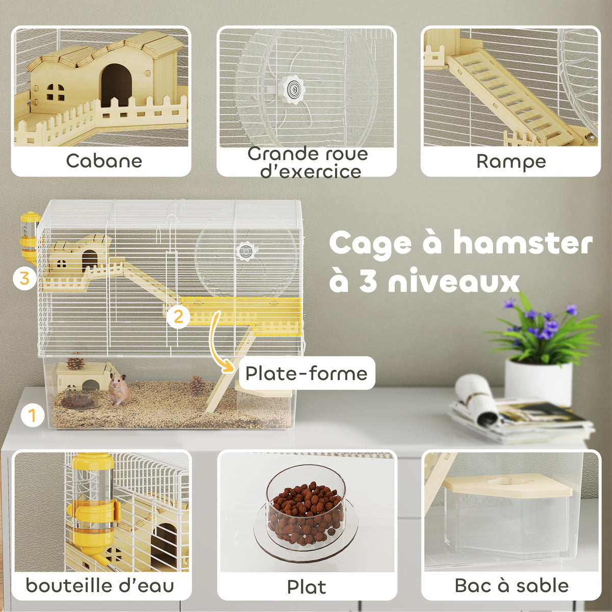 Cage à hamster à 3 niveaux, cage rongeur avec roue d'exercice, plateau profond transparent, 59 x 35,5 x 47 cm, blanc-5