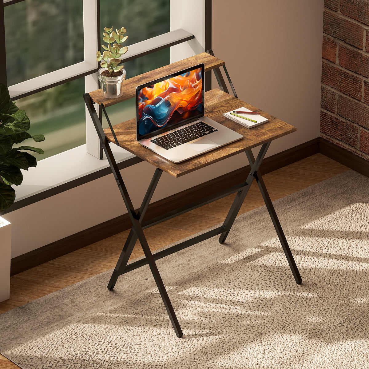 Bureau pliable 65,5 x 45 cm avec étagère de rangement pour chambre, petits espaces, brun rustique-7