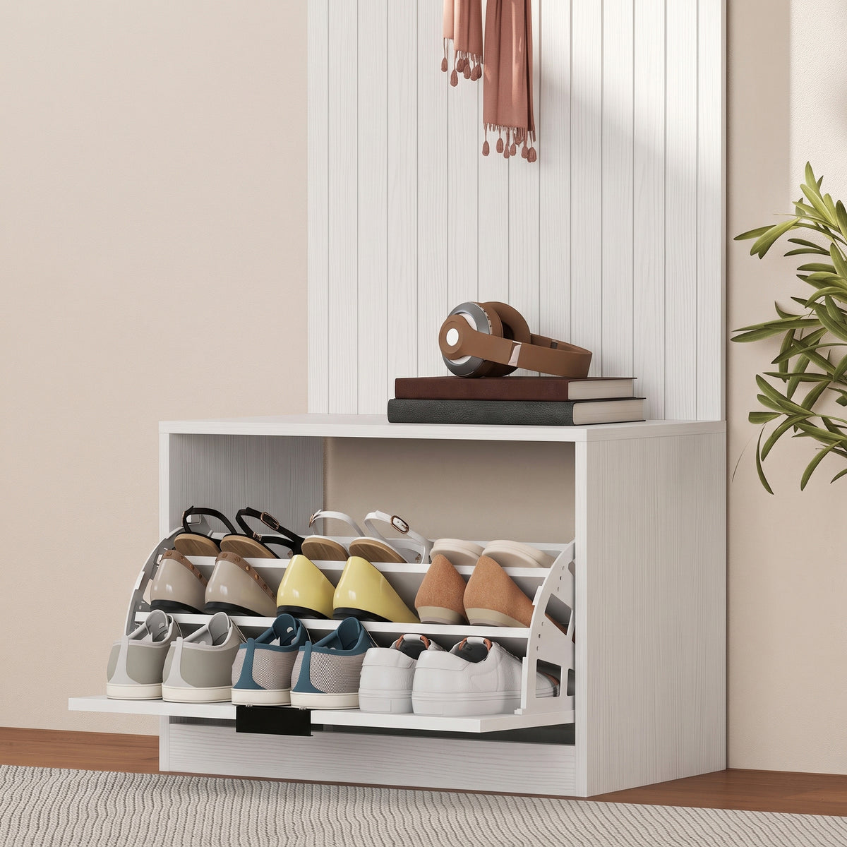 Porte-Manteau 5 en 1, Meuble d'Entrée, Banc à Chaussures, Tiroir Basculant, Étagères Réglables, 4 Crochets, Blanc-8