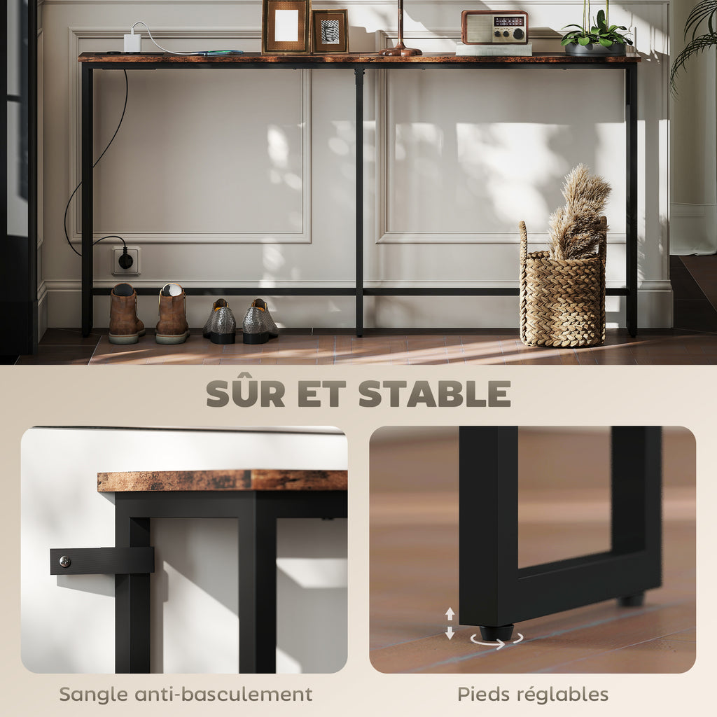 Table console étroite style industriel avec prises de courant et USB, pour salon entrée couloir, 160x20x80cm, marron-4