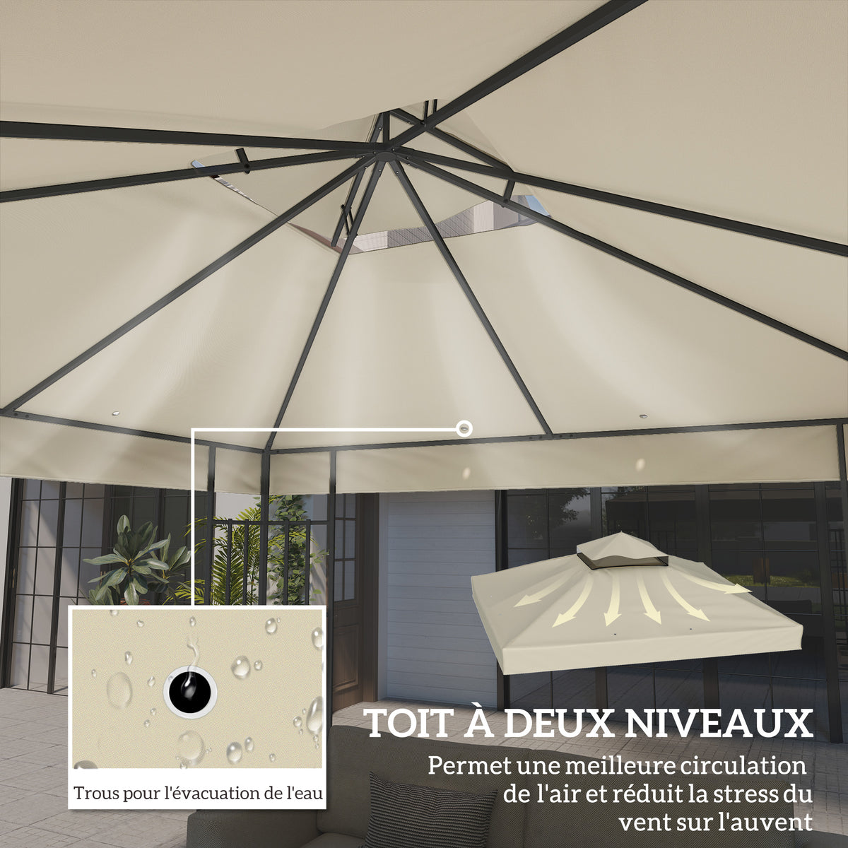 Toile pour tonnelle 3 x 3 m toile de rechange pour tonnelle à 2 niveaux protection UPF30+ trous de drainage crème-3