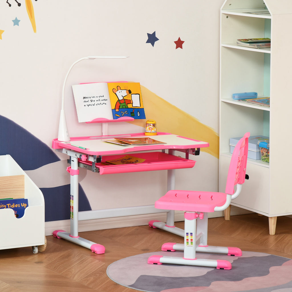 Ensemble chaise et bureau pour enfants avec lampe LED hauteur réglable plateau incliné support de lecture rose-9