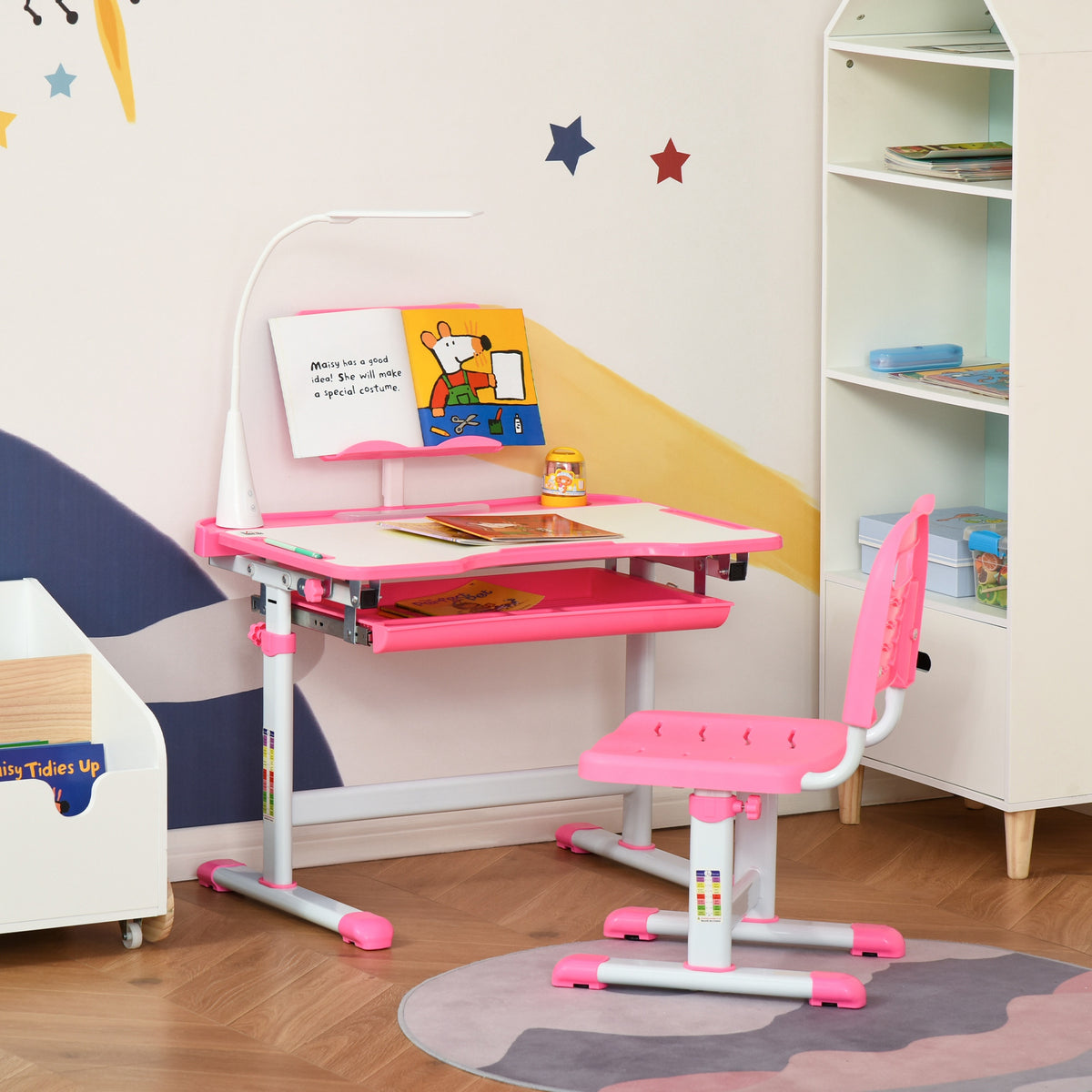Ensemble chaise et bureau pour enfants avec lampe LED hauteur réglable plateau incliné support de lecture rose-9