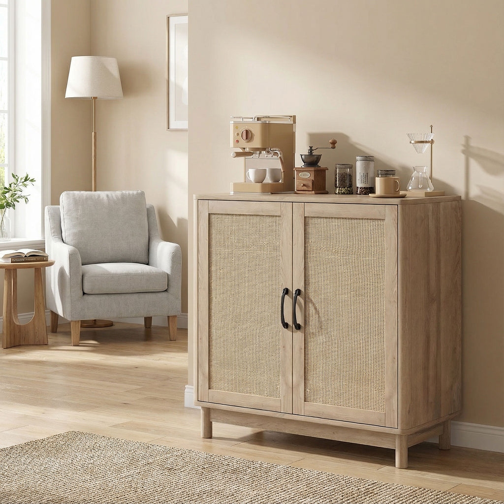 Buffet salon, meuble de rangement avec 2 portes en rotin, étagère réglable et bords arrondis, 76 x 35 x 75,5 cm, chêne-7