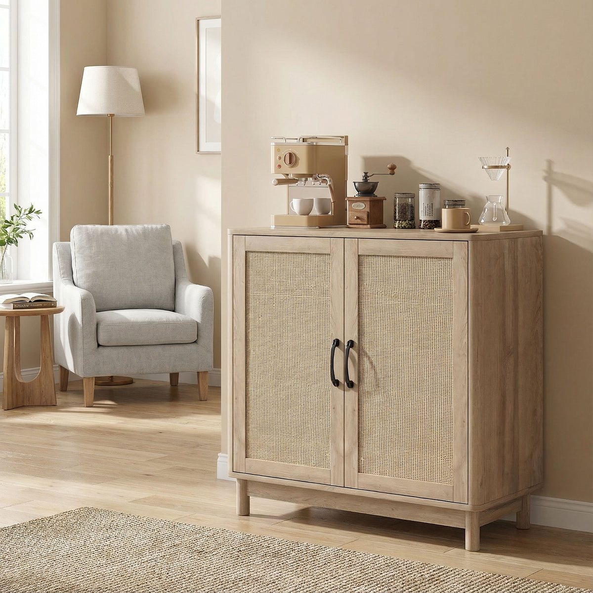 Buffet salon, meuble de rangement avec 2 portes en rotin, étagère réglable et bords arrondis, 76 x 35 x 75,5 cm, chêne-7