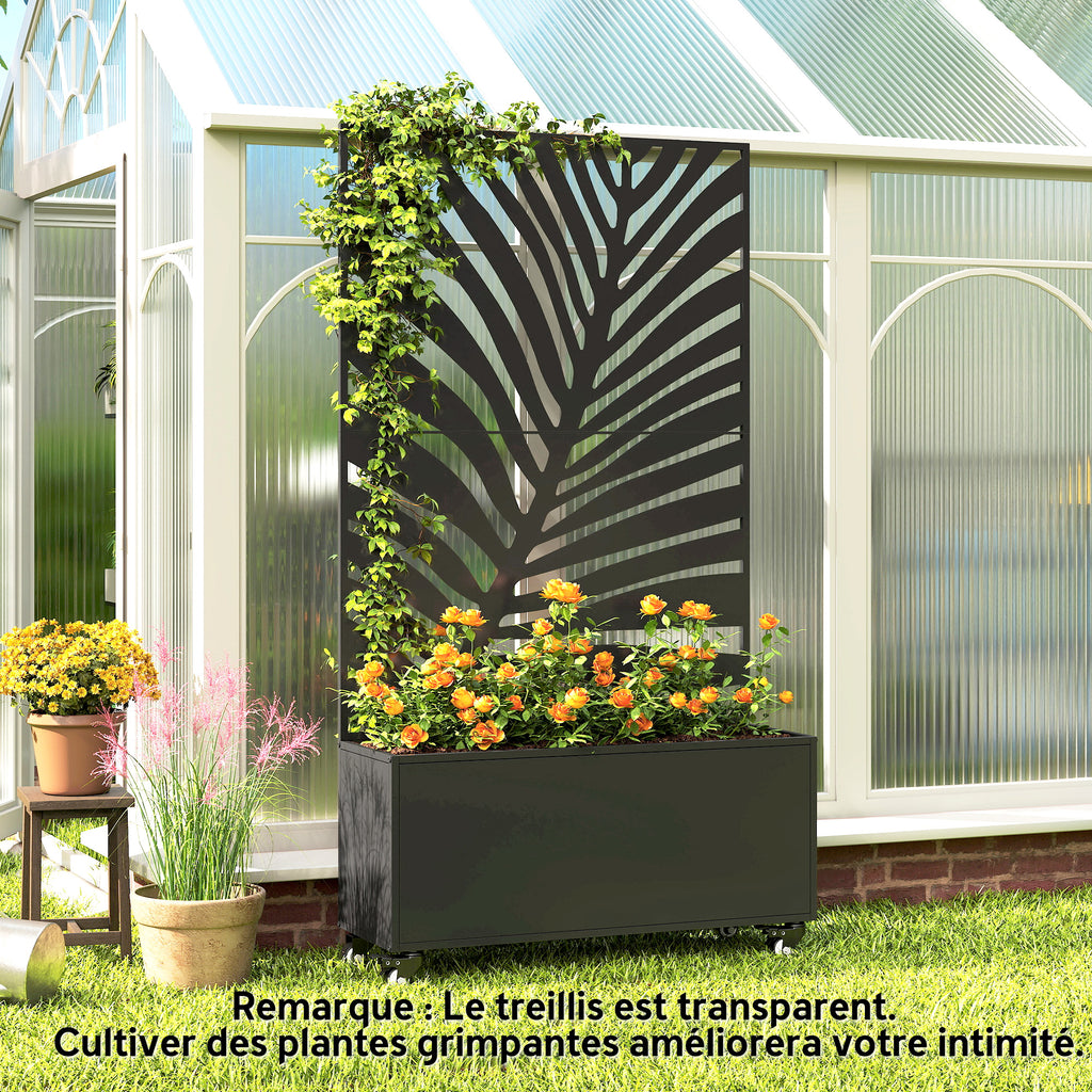 Jardinière avec treillis, bac à fleurs, avec brise-vue et roulettes verrouillables, métal, 90 x 30 x 160 cm, noir-7