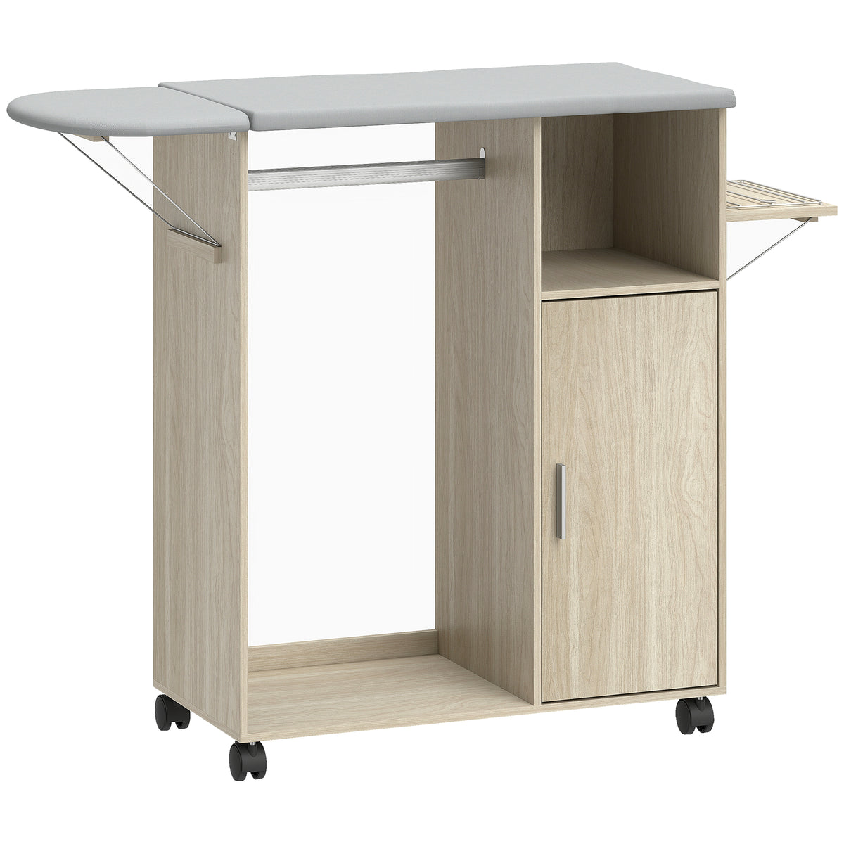 Armoire à repasser sur roulettes, table à repasser pliante, étagère réglable, barre de suspension, 127x42,5x99cm naturel-0