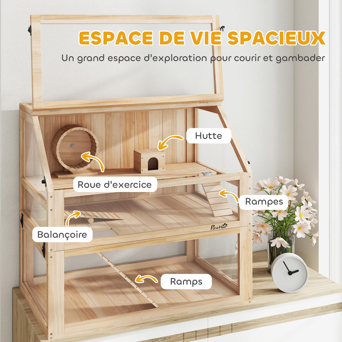 Cage hamster rongeur à 3 niveaux fond amovible de 31 cm de profondeur cabane balançoire 80x50x76cm finition bois naturel-3