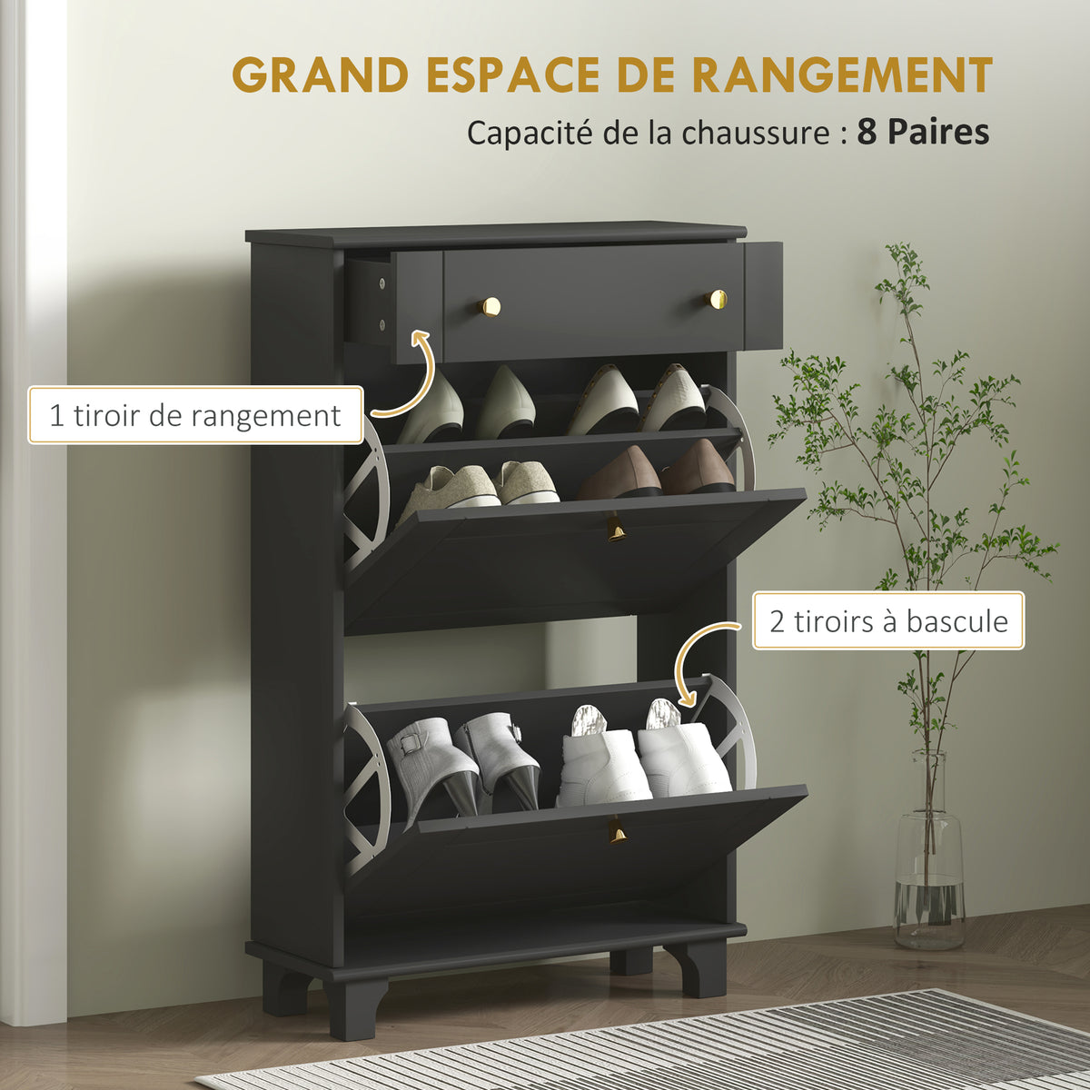 Meuble chaussure entrée étroit avec tiroirs à portes abattants et étagère réglable, 60 x 23,5 x 98,5 cm, noir-3