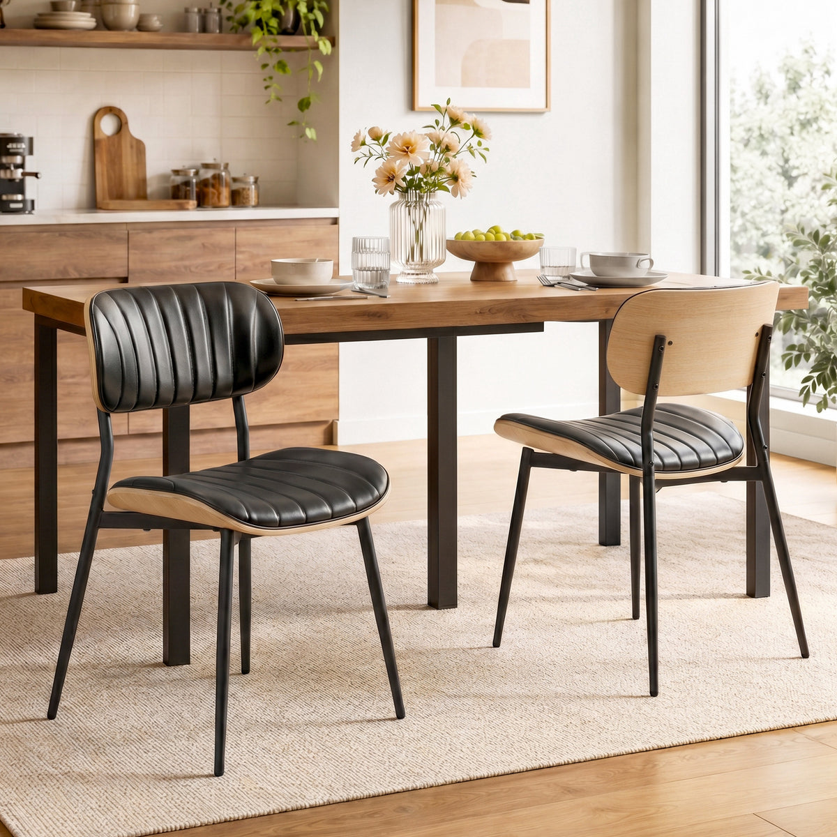 Lot de 2 Chaises de Salle à Manger, Chaises Cuisine sans Accoudoirs, Dossier Incurvé et Assise Rembourrée en PU, Noir-1