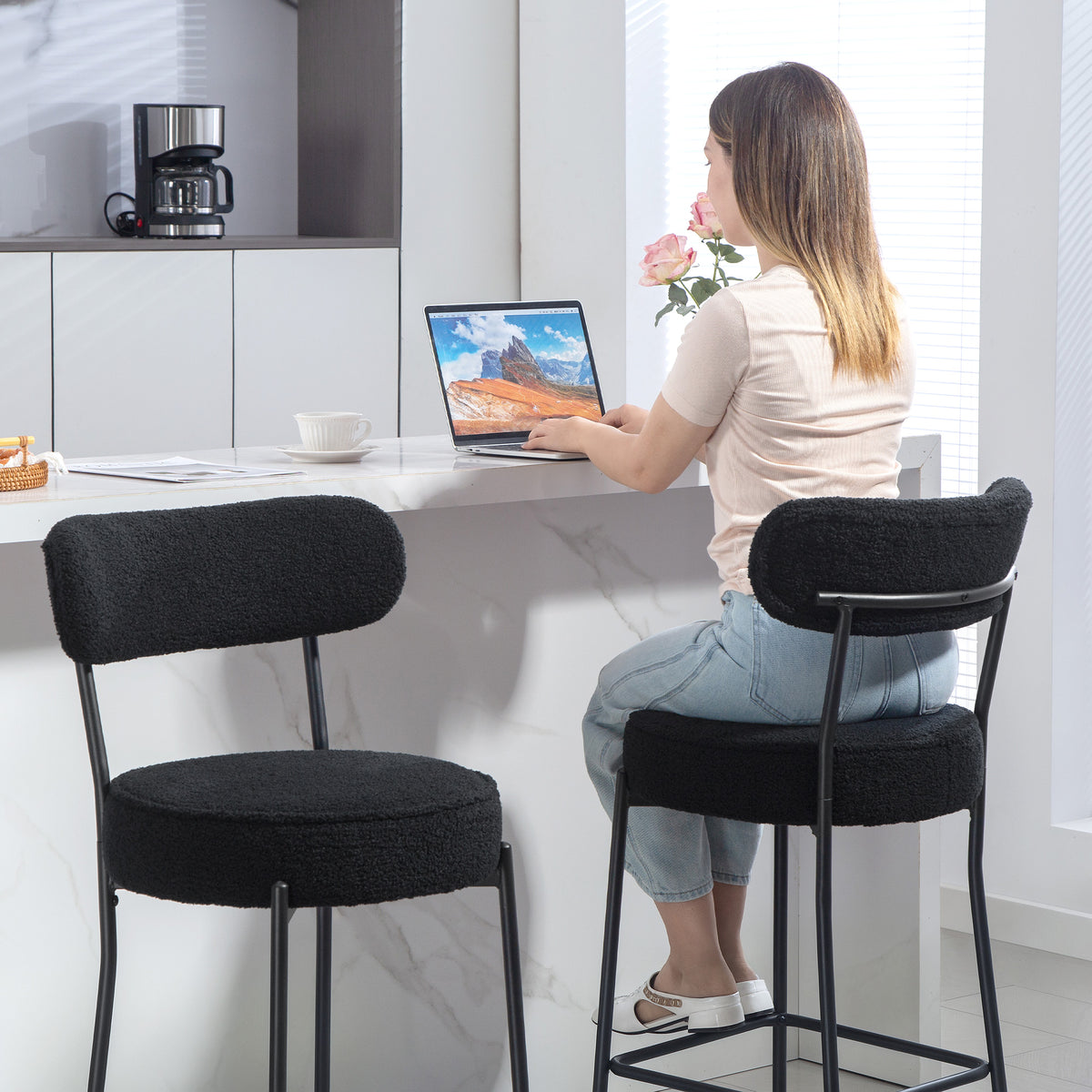 Lot de 2 tabourets de bar en tissu bouclette, chaises de bar avec dossier courbé, repose-pieds, 49x52x95cm, noir-8