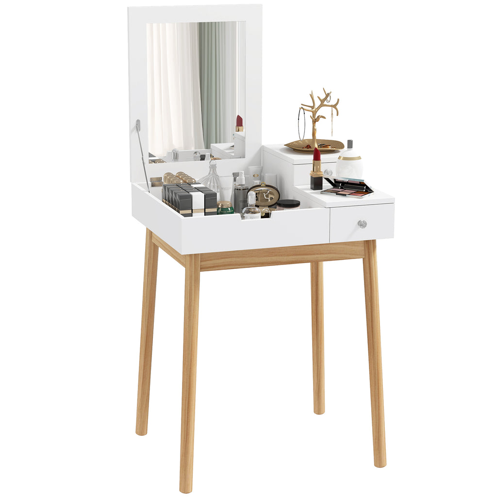 Coiffeuse avec miroir table de maquillage style moderne - 2 tiroirs, miroir rabattable pour chambre à coucher, salon, 60 x 50 x 85,5 cm blanc-0