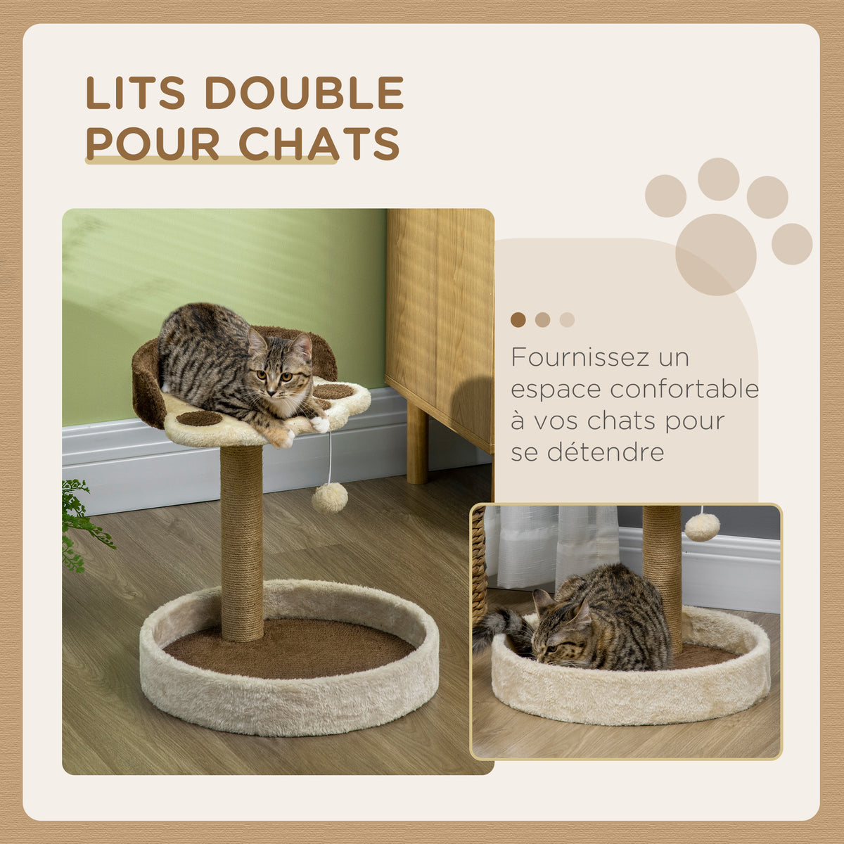 Arbre à chat griffoir grattoir en forme de patte 2 plateformes et un pompon suspendu hauteur 44 cm marron-3