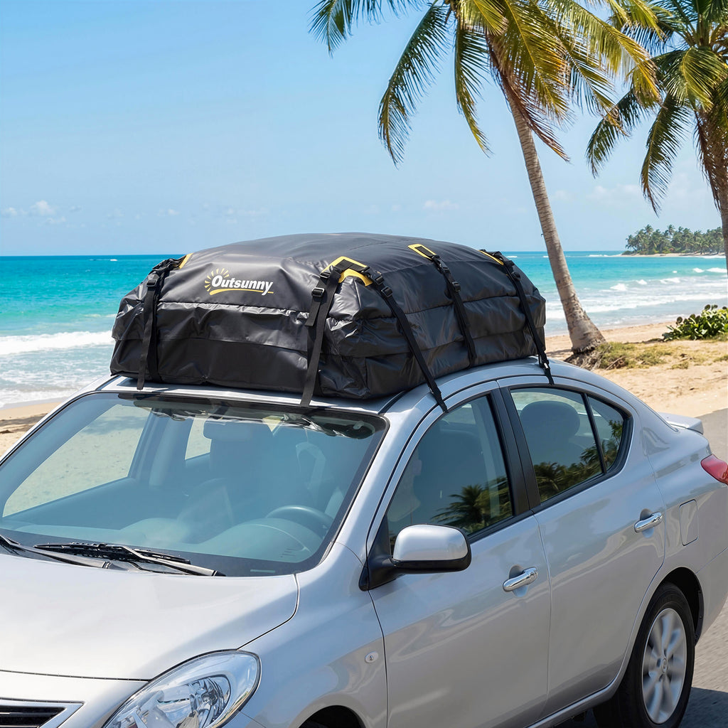 Sac de Toit Voiture Étanche Coffre de Toit Souple Universel 10 Sangles et Cadenas Auto SUV et Camping en Famille Noir-1
