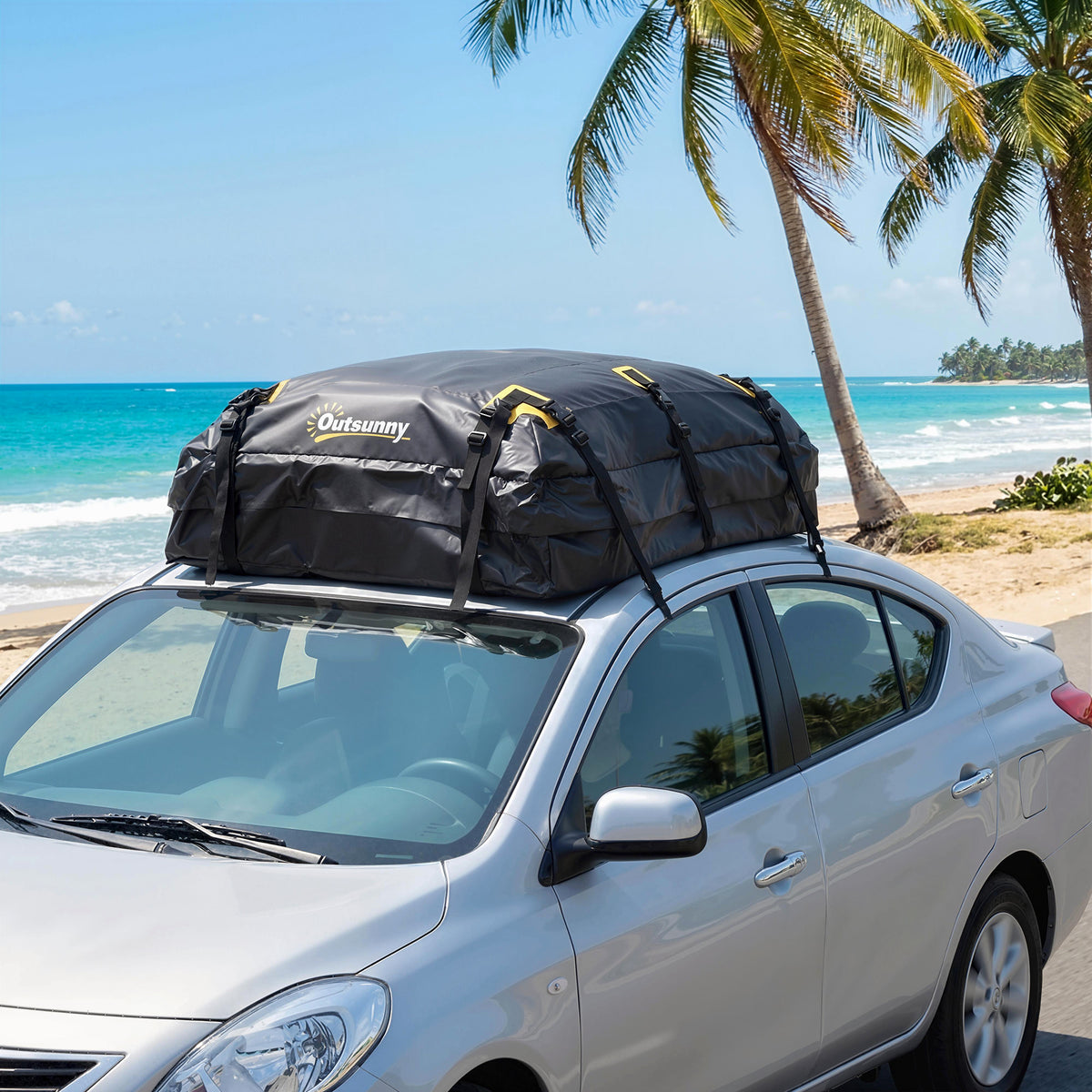 Sac de Toit Voiture Étanche Coffre de Toit Souple Universel 10 Sangles et Cadenas Auto SUV et Camping en Famille Noir-1