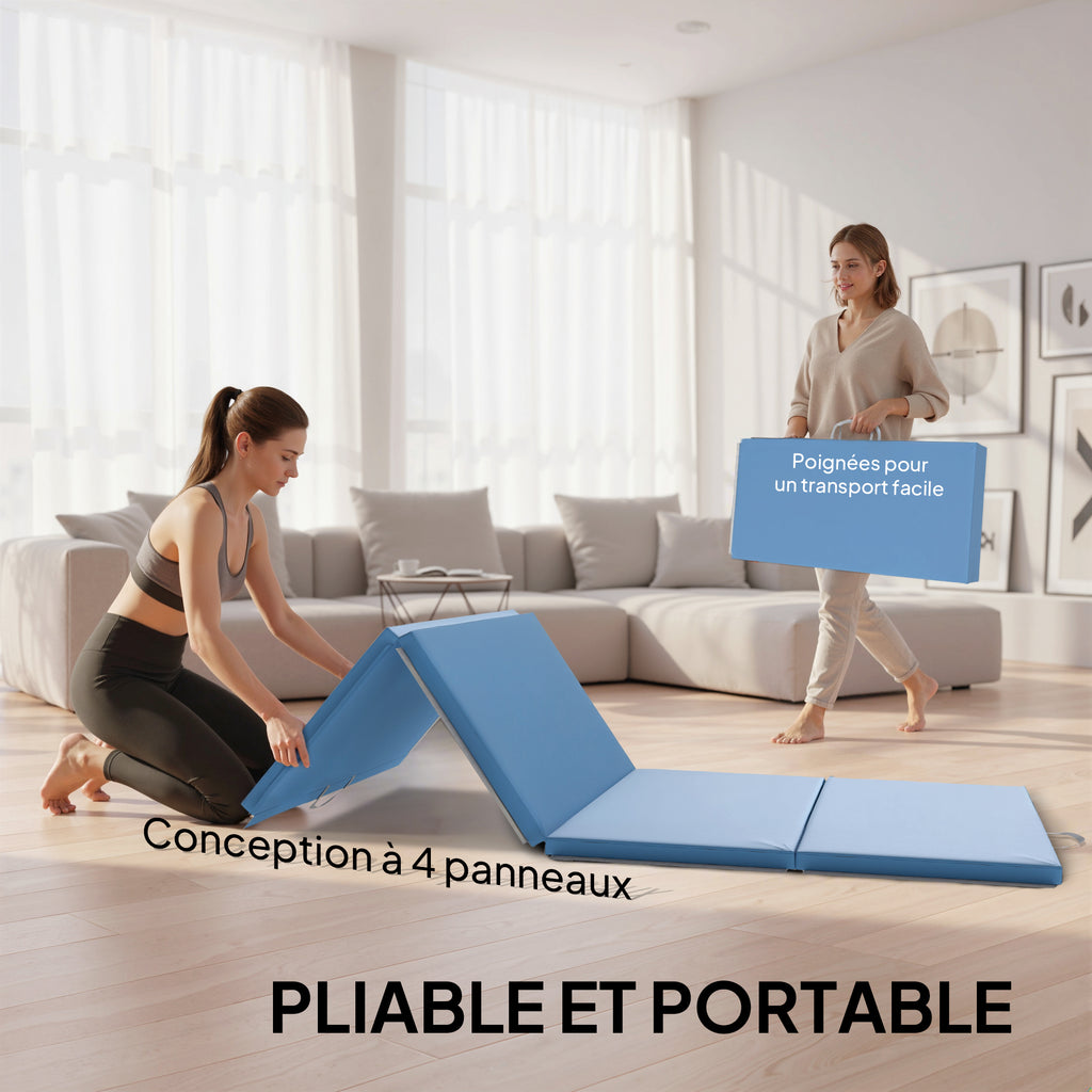 Tapis de gymnastique yoga pilates fitness pliable en 4 avec poignées revêtement synthétique 240 x 120 x 5 cm bleu clair-3