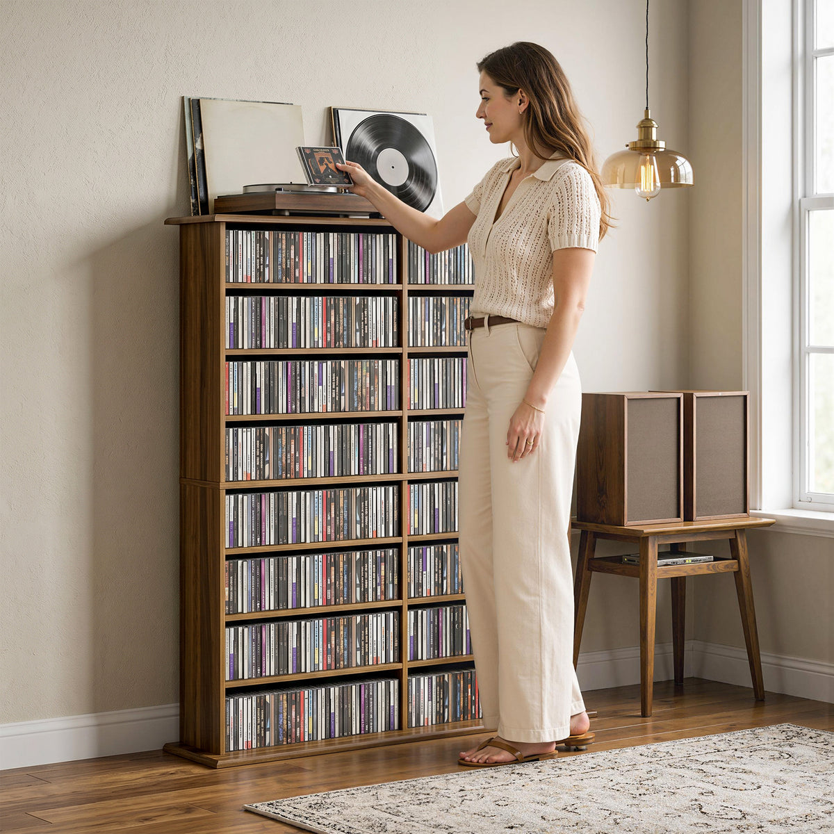Rangements pour CD et DVD avec 16 compartiments et 12 étagères réglables capacité max. 720 CD/396 DVD et Blu-ray noyer-8