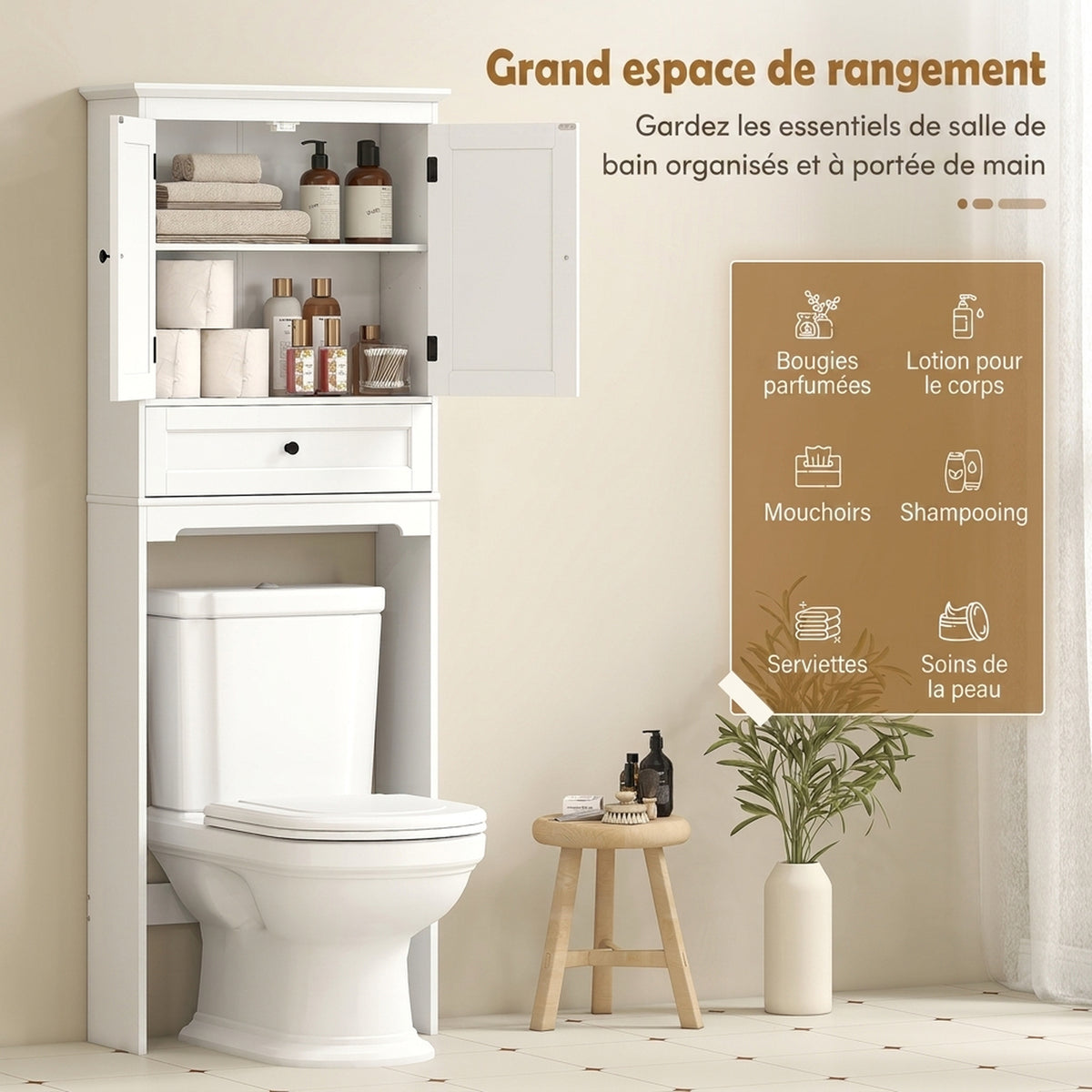 Meuble WC Rangement Dessus de Toilette, Meuble de Toilettes avec 2 Portes, Tiroir et Étagère Réglable, Blanc-3